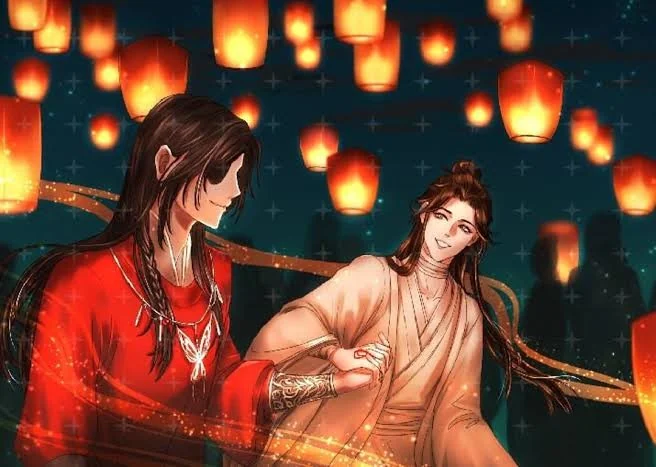  heaven official's blessing inspired red lantern night scene reflecting Hua Cheng's visual atmosphere