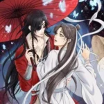 heavens official blessing novel Volume 1 cover featuring Xie Lian and Hua Cheng beneath a red umbrella